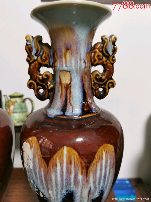  零售 花釉/窑变瓷 >> 收藏品博山窑老瓷器花瓶一对古玩古董乡下